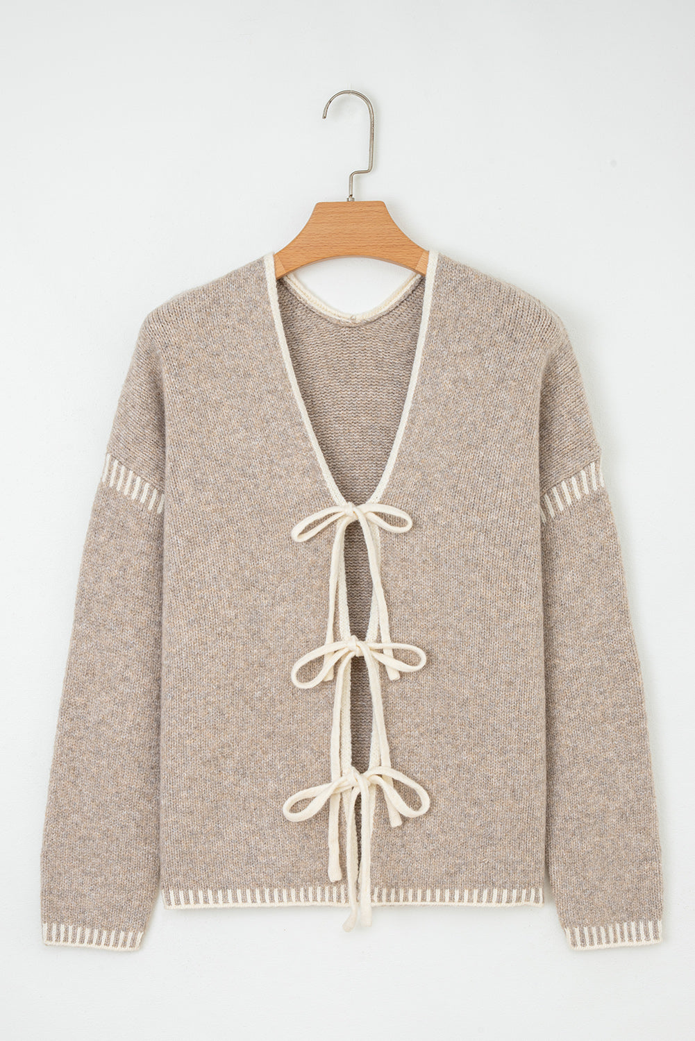 Pale Khaki Tied Front Drop Shoulder Chunky Casual Cardigan-Sweaters & Cardigans/Cardigans-[Adult]-[Female]-2022 Online Blue Zone Planet