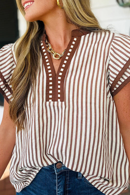 Khaki Stripe Double Ruffled Short Sleeve V Neck Blouse-Tops/Blouses & Shirts-[Adult]-[Female]-Khaki Stripe-S-2022 Online Blue Zone Planet