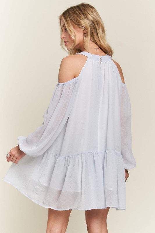 ADORA Cold Shoulder Balloon Sleeve Mini Dress-TOPS / DRESSES-[Adult]-[Female]-2022 Online Blue Zone Planet