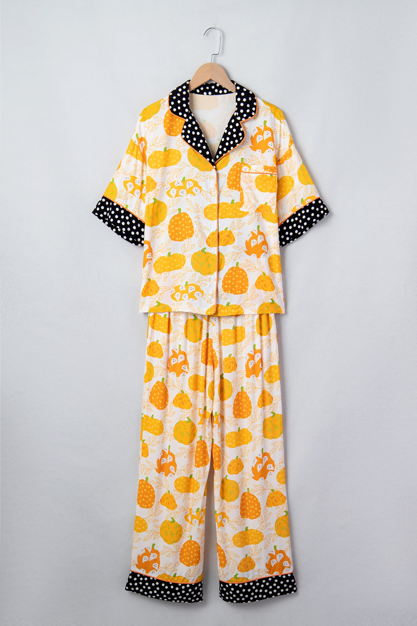 Orange Short Sleeve Pumpkin Print Polka Dot Trim Pocket Pocket Placket Home Wear Lounge Set-Loungewear & Sleepwear/Loungewear-[Adult]-[Female]-2022 Online Blue Zone Planet
