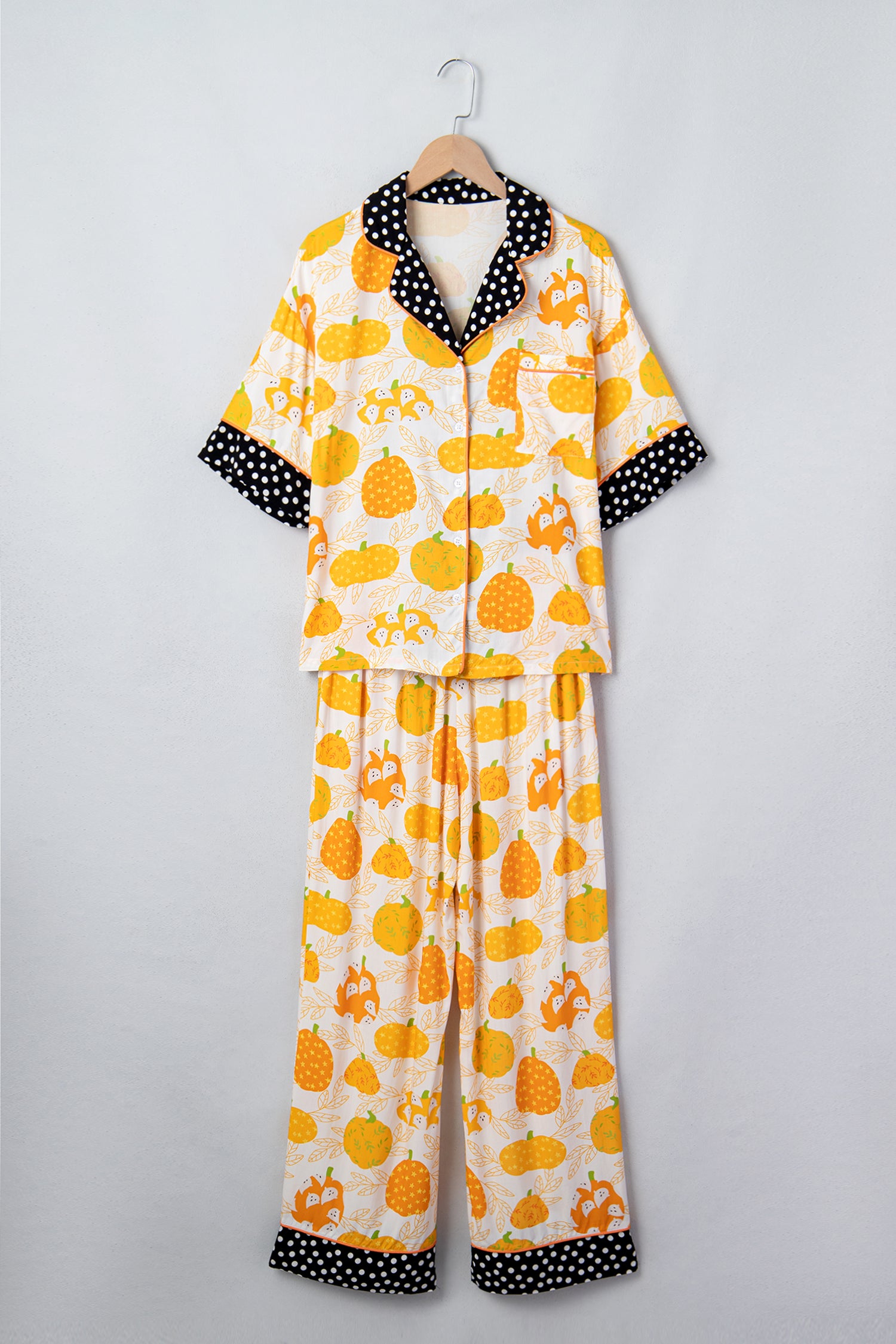 Orange Short Sleeve Pumpkin Print Polka Dot Trim Pocket Pocket Placket Home Wear Lounge Set-Loungewear & Sleepwear/Loungewear-[Adult]-[Female]-2022 Online Blue Zone Planet