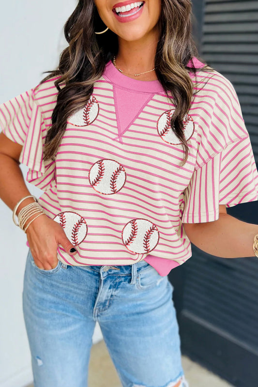 Sachet Pink Sequin Baseball Pattern Striped Ruffle Sleeve Round Neck Knit Top-Graphic/Graphic Tees-[Adult]-[Female]-Sachet Pink-S-2022 Online Blue Zone Planet