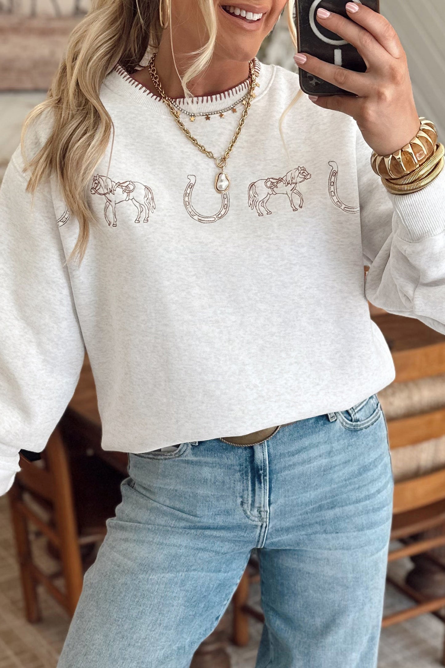 Light Grey Western Print Embroidered Casual Sweatshirt-Tops/Sweatshirts & Hoodies-[Adult]-[Female]-2022 Online Blue Zone Planet