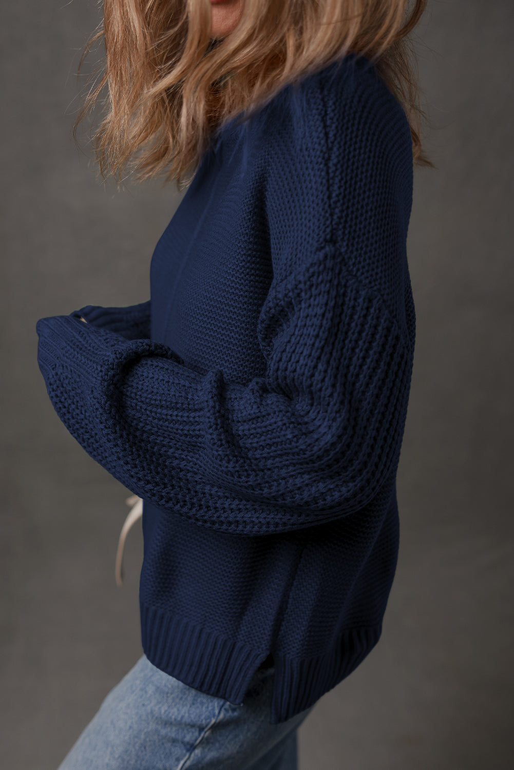 Dirty Blue Solid Color Front Seam Drop Shoulder Loose Sweater-TOPS / DRESSES-[Adult]-[Female]-2022 Online Blue Zone Planet