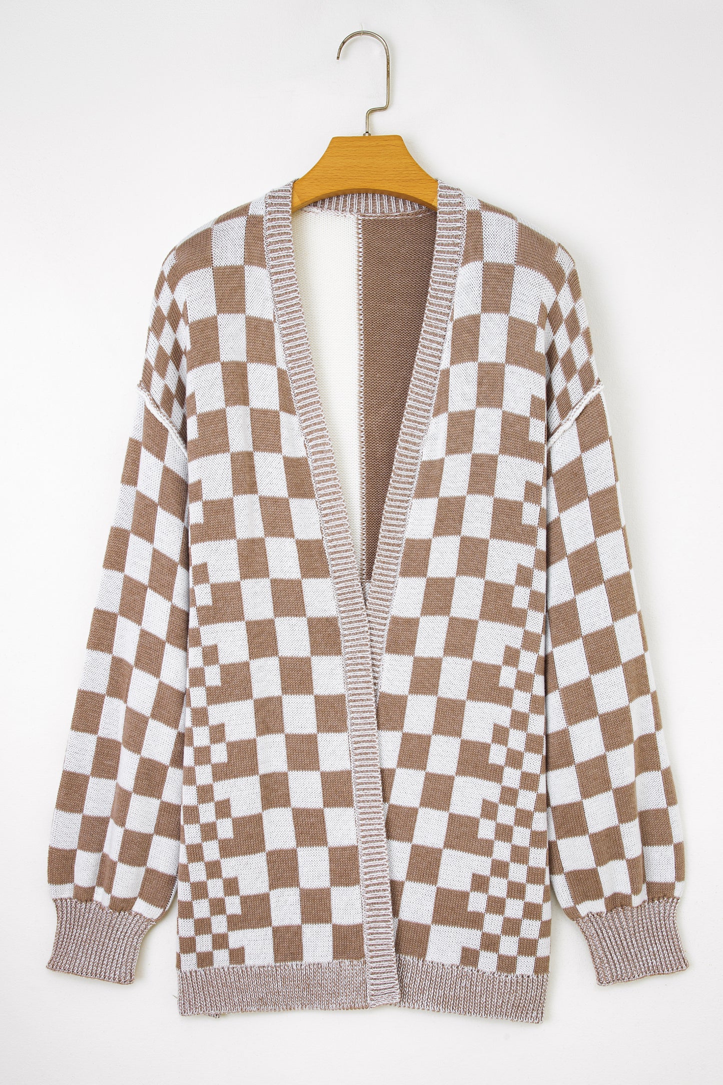 Brown Checkered Bubble Sleeve Drop Shoulder Open Cardigan-Plus Size/Plus Size Sweaters & Cardigans-[Adult]-[Female]-2022 Online Blue Zone Planet