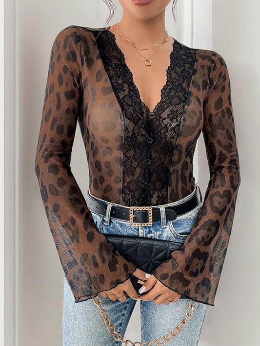 Perfee Leopard V-Neck Lace Bodysuit-TOPS / DRESSES-[Adult]-[Female]-Brown-S-2022 Online Blue Zone Planet