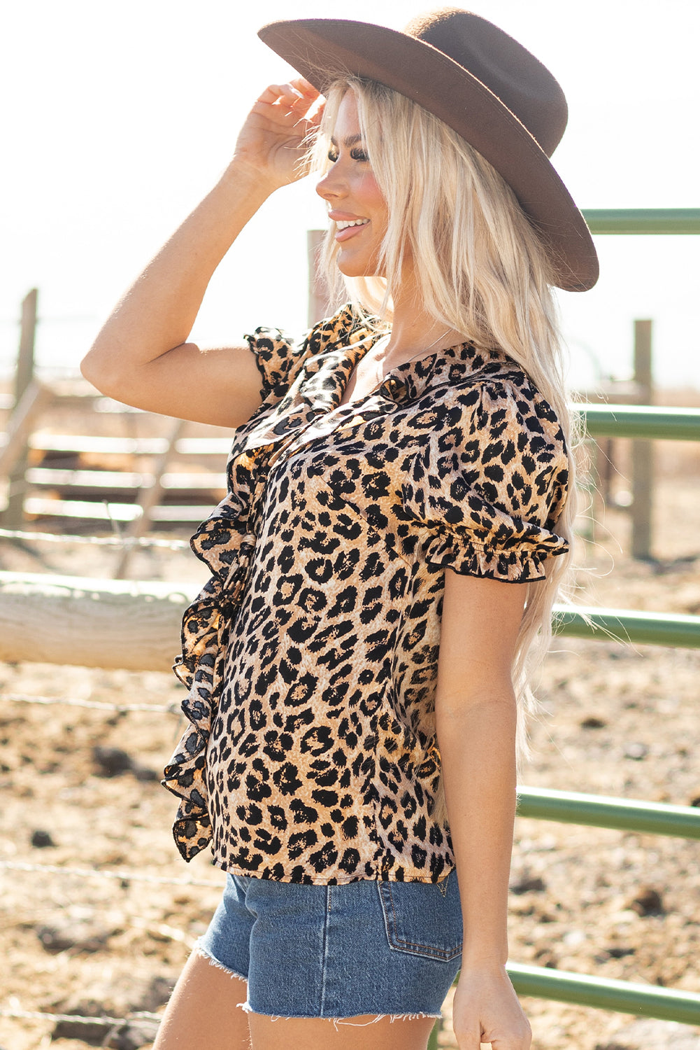 Khaki Leopard Ruffled Neck Cascading Puff Short Sleeve Top-Tops/Blouses & Shirts-[Adult]-[Female]-2022 Online Blue Zone Planet