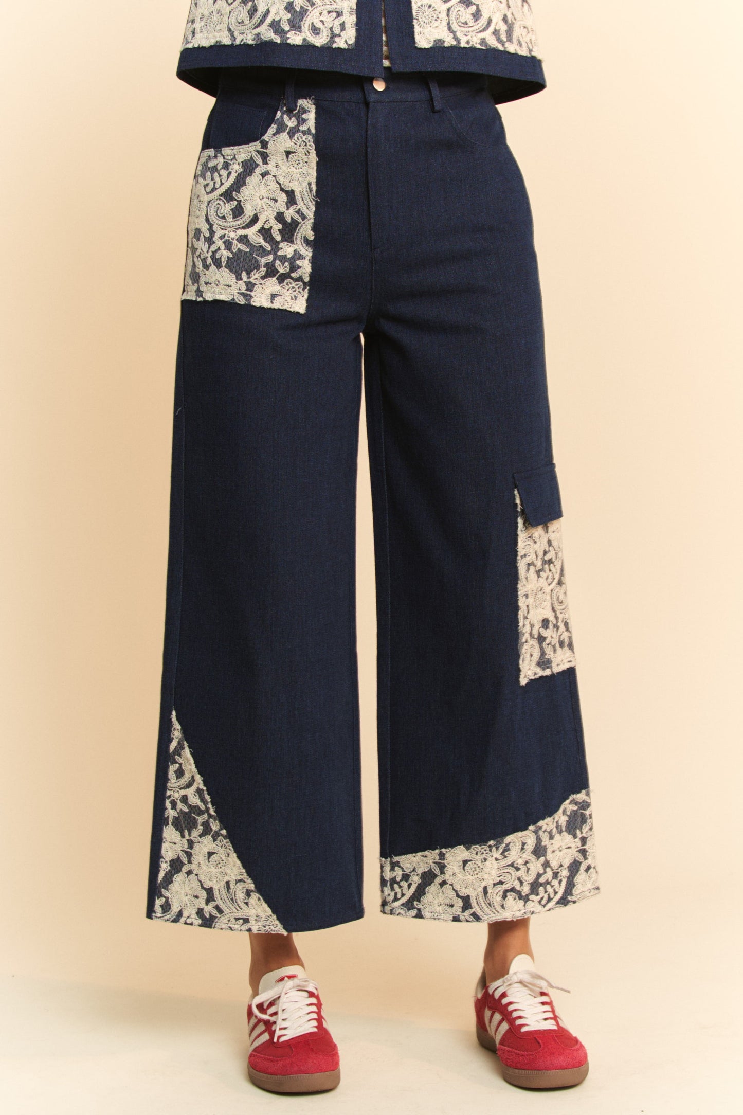 Davi & Dani Lace Applique Wide Leg Jeans-BOTTOMS-[Adult]-[Female]-2022 Online Blue Zone Planet