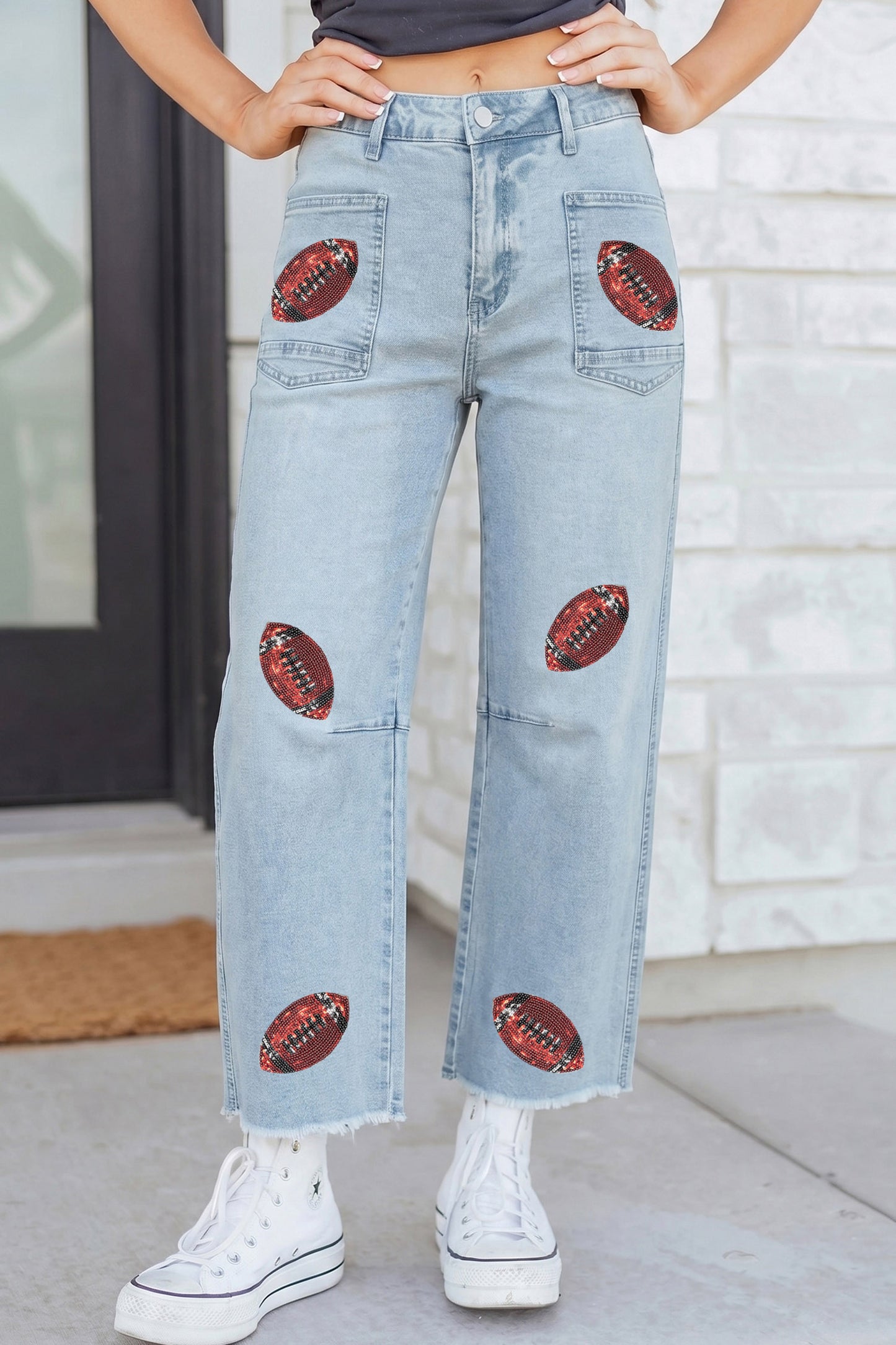 Beau Blue Sequin Rugby Pattern Raw Hem Casual Jeans-Bottoms/Jeans-[Adult]-[Female]-2022 Online Blue Zone Planet