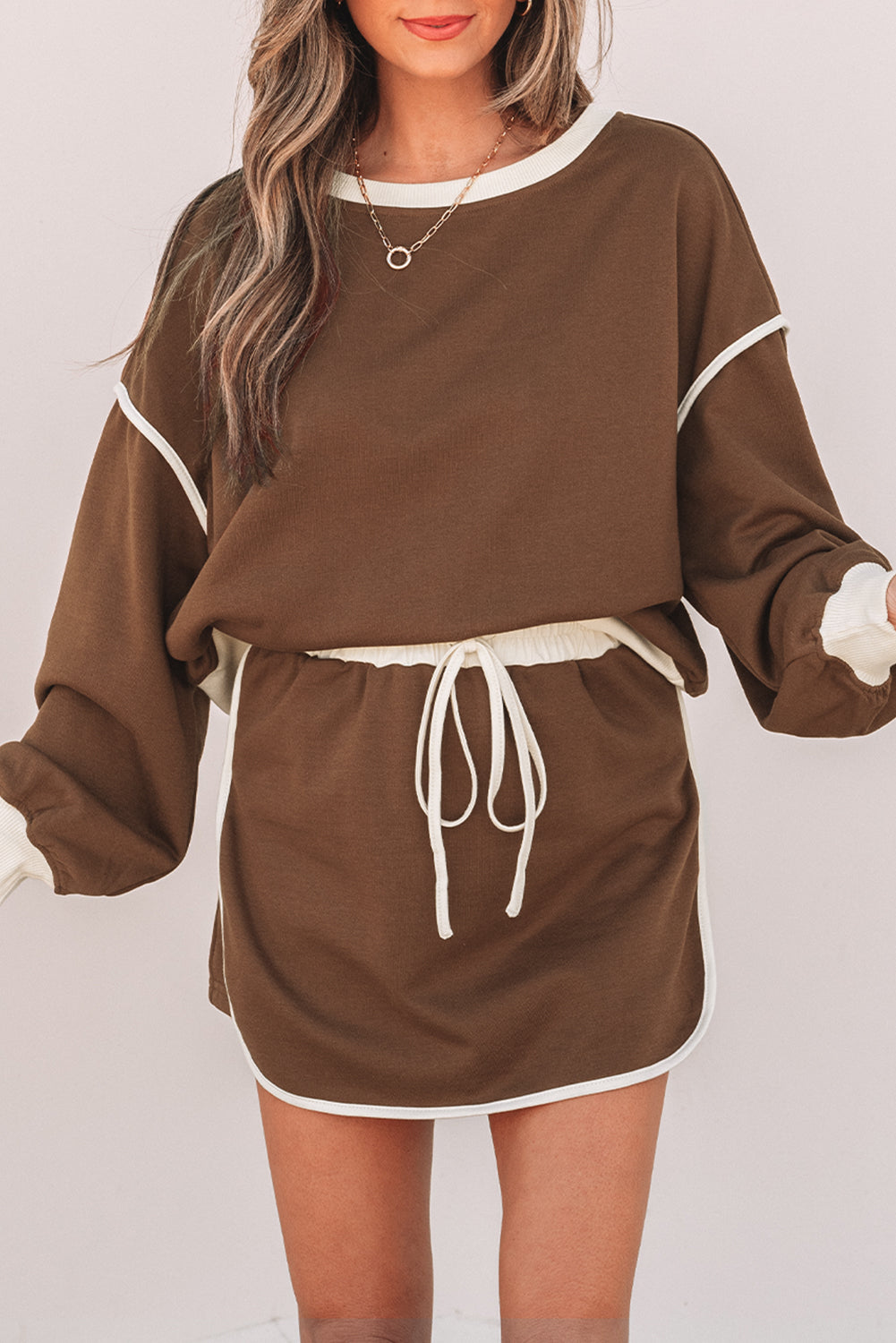 Blue Zone Planet | Rose Red Color Contrast Loose Pullover And Lace-Up Waist Skort Set-Two Piece Sets/Two Piece Dresses-[Adult]-[Female]-2022 Online Blue Zone Planet