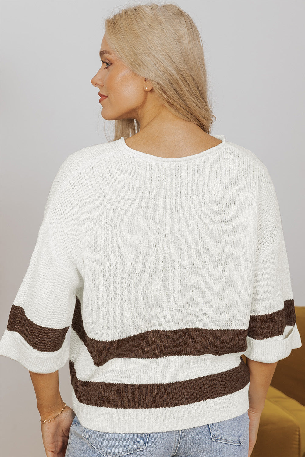 Blue Zone Planet | Brown Striped Accent Notched V Neck Cropped Sweater T Shirt-Sweaters & Cardigans/Short Sleeve Sweaters-[Adult]-[Female]-2022 Online Blue Zone Planet