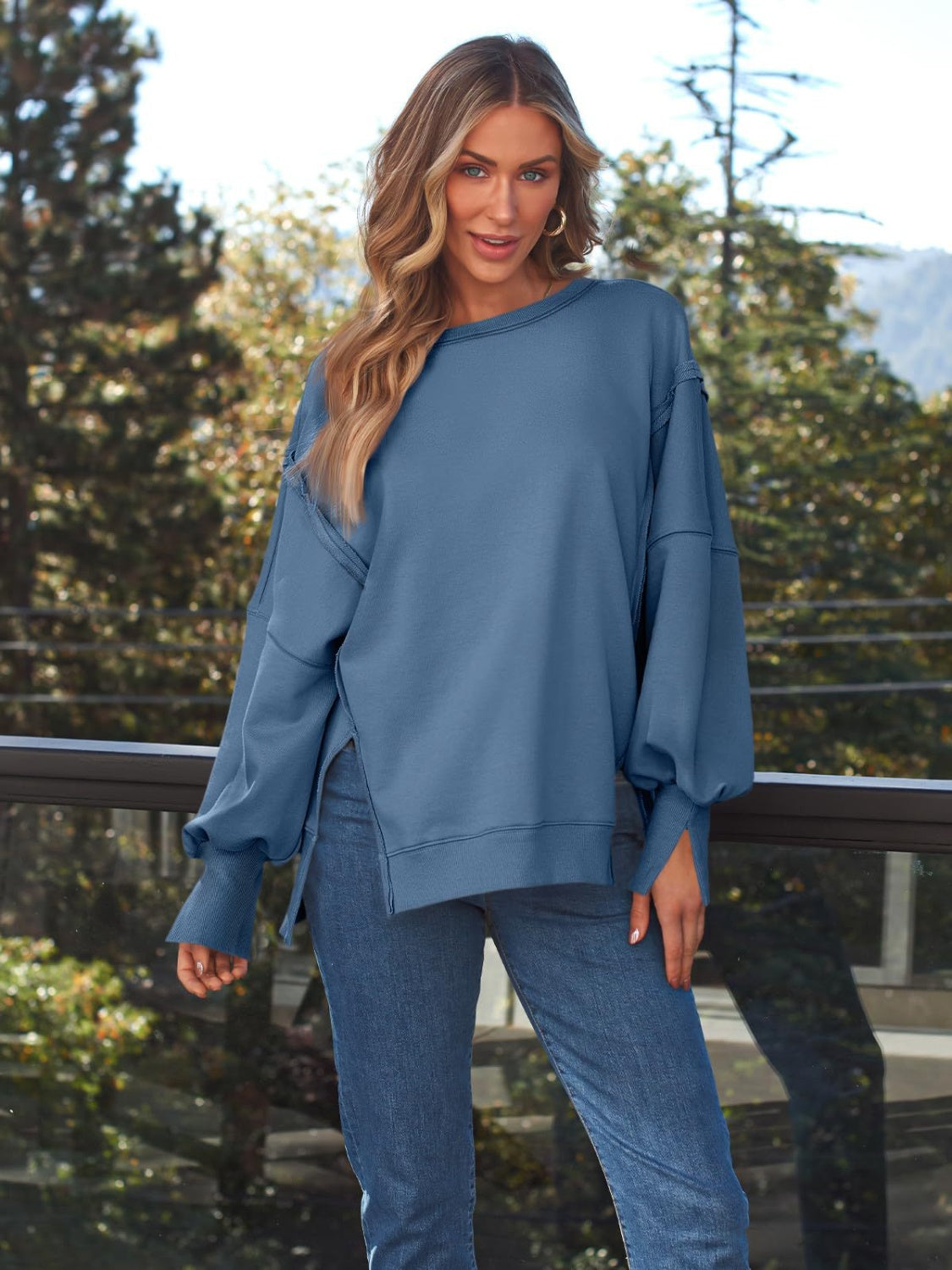 Blue Zone Planet | Slit Round Neck Long Sleeve Sweatshirt-TOPS / DRESSES-[Adult]-[Female]-Dusty Blue-S-2022 Online Blue Zone Planet