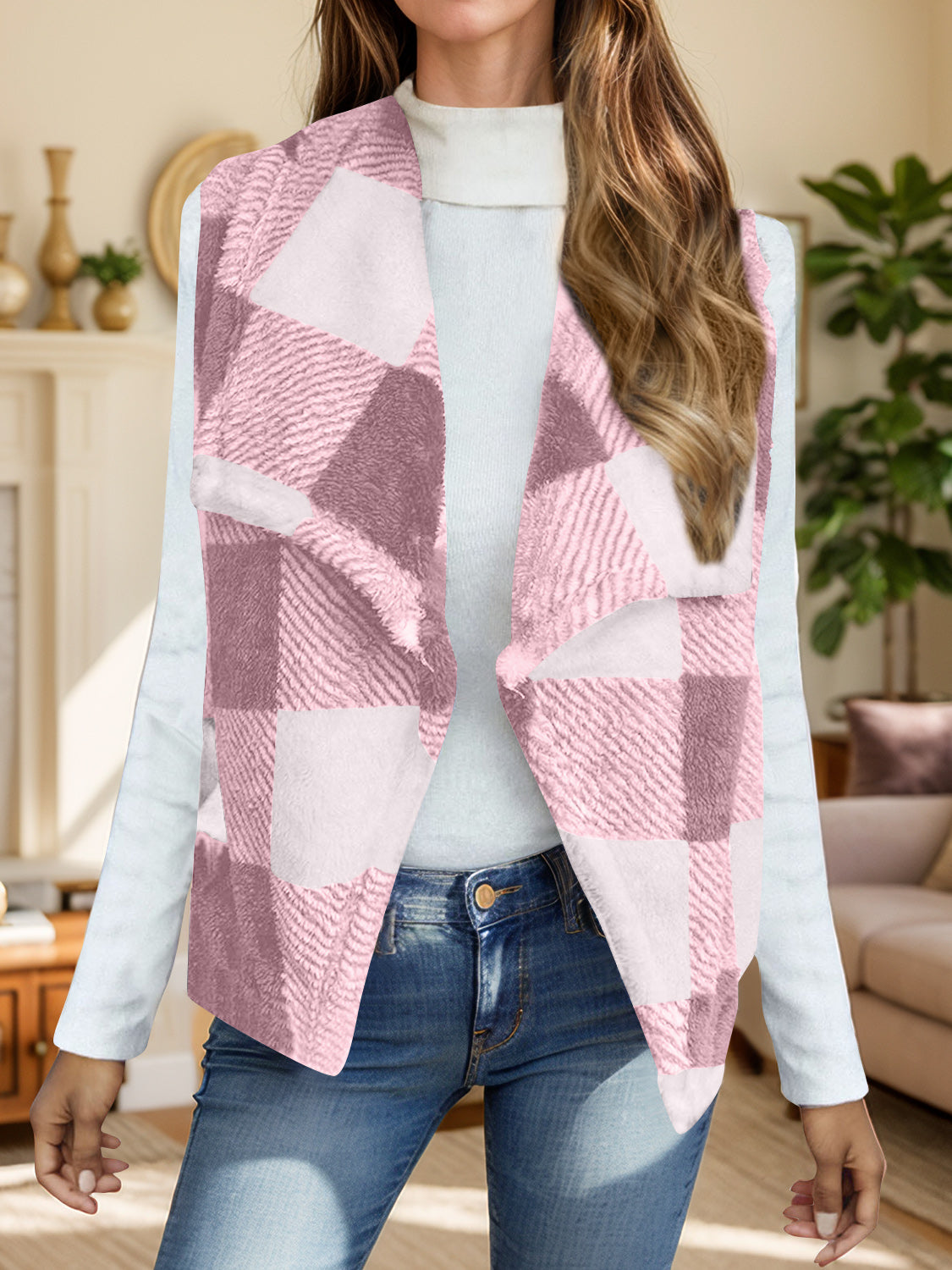 Plaid Open Front Vest Coat-TOPS / DRESSES-[Adult]-[Female]-Blush Pink-S-2022 Online Blue Zone Planet