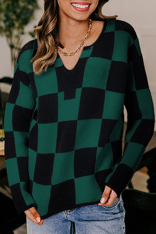 Black Checked Notched Neckline Drop Shoulder Knit Sweater-TOPS / DRESSES-[Adult]-[Female]-Green-S-2022 Online Blue Zone Planet