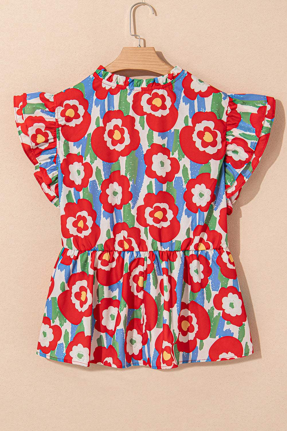 Red Plus Size Floral Print Ruffle Trim Split Neck Peplum Top-Plus Size/Plus Size Tops/Plus Size Blouses & Shirts-[Adult]-[Female]-2022 Online Blue Zone Planet