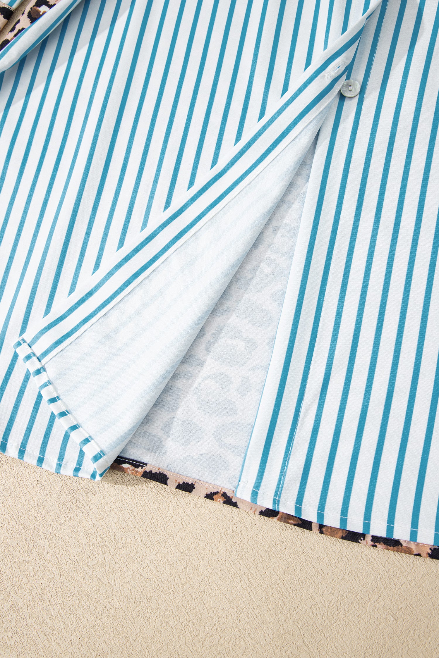 Sky Blue Stripe Contrast Leopard Patchwork Long Shirt Dress with Slits-TOPS / DRESSES-[Adult]-[Female]-2022 Online Blue Zone Planet