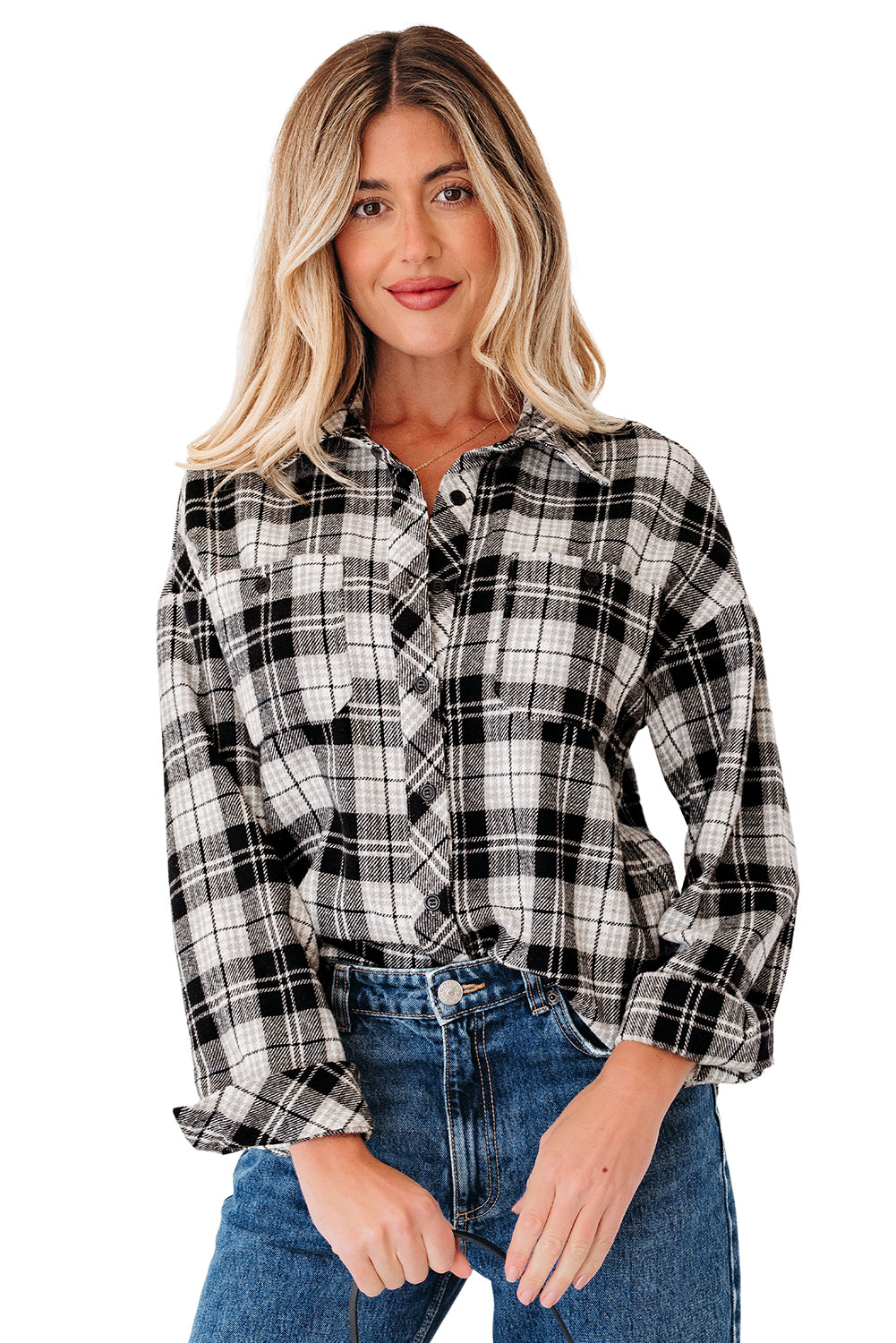 Black Plaid Print Chest Pockets Buttoned Shirt-Tops/Blouses & Shirts-[Adult]-[Female]-2022 Online Blue Zone Planet