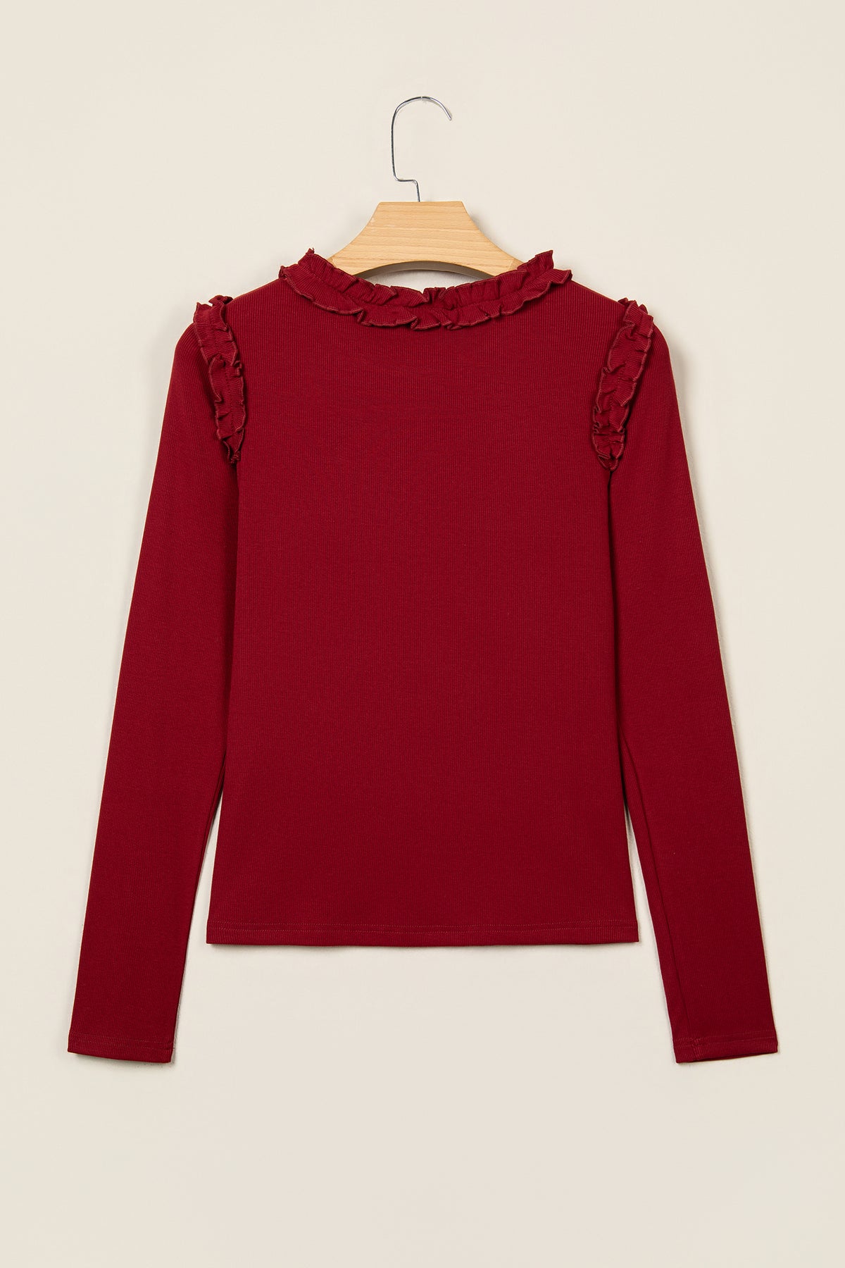 Red Dahlia Solid Color Round Neck Frill Detail Long Sleeve Top-Tops/Long Sleeve Tops-[Adult]-[Female]-2022 Online Blue Zone Planet