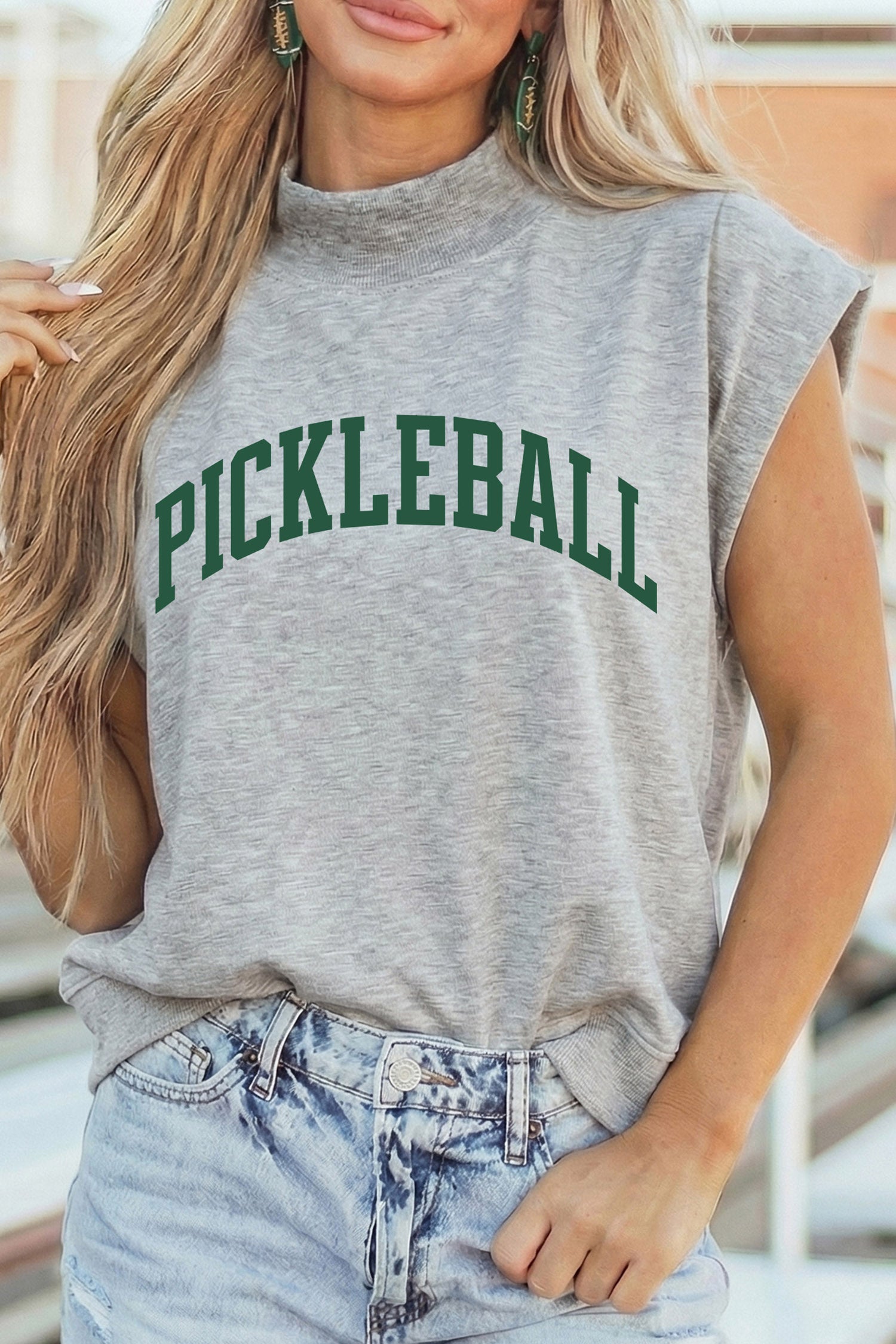Light Grey Pickleball Lettering Mock Neck Short Sleeve Top-Graphic/Graphic Tees-[Adult]-[Female]-2022 Online Blue Zone Planet