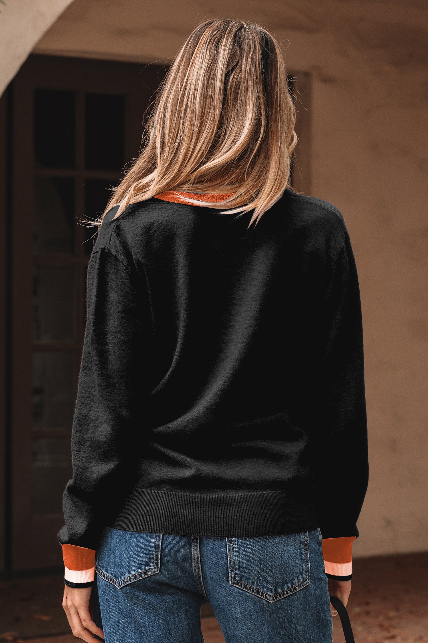 Black Contrast Striped Trim V Neck Varsity Sweater-TOPS / DRESSES-[Adult]-[Female]-2022 Online Blue Zone Planet