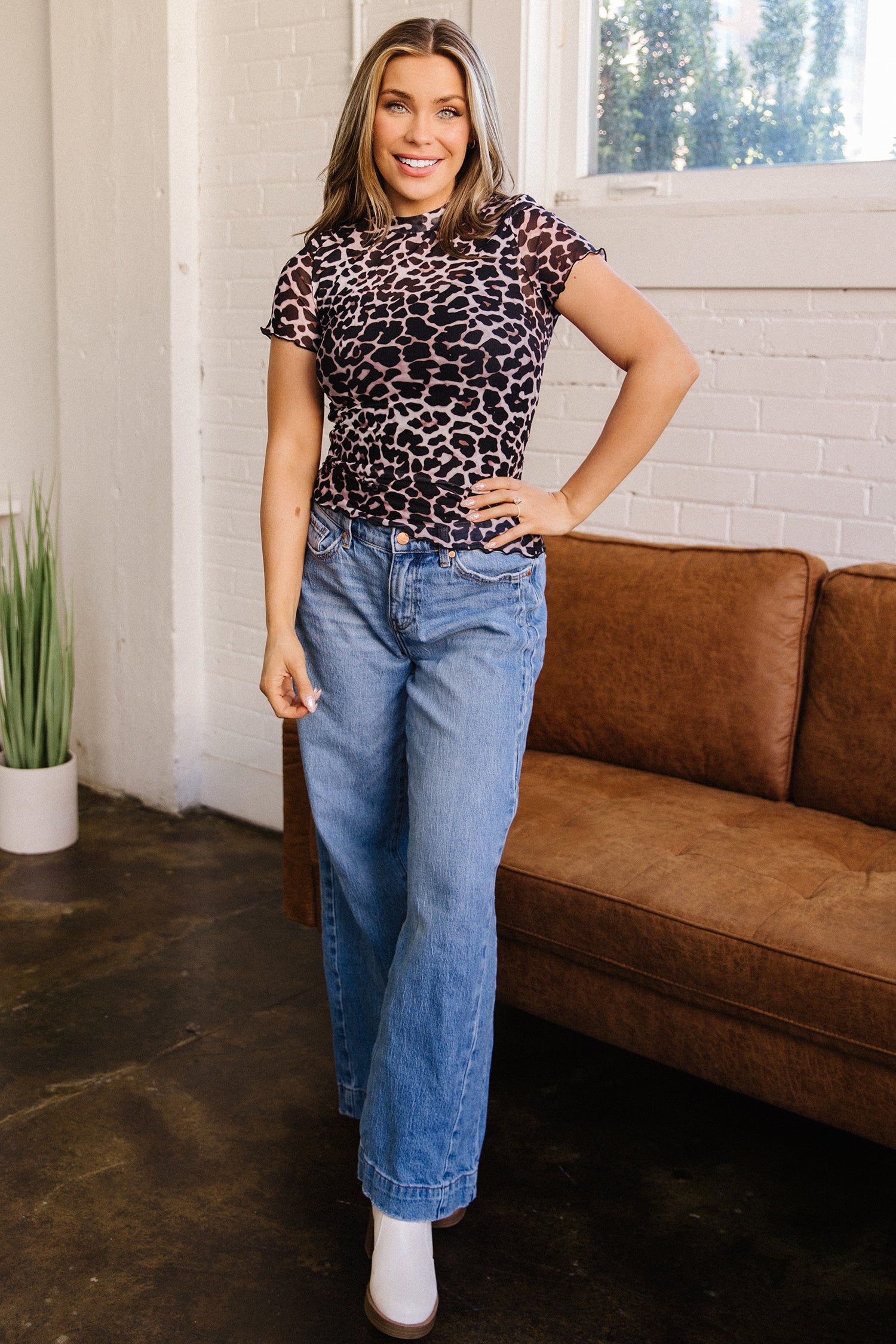 Khaki Leopard Print Sheer Mesh Short Sleeve Top-Tops/Tops & Tees-[Adult]-[Female]-2022 Online Blue Zone Planet