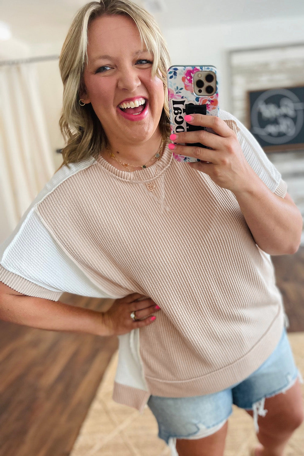 Parchment Twist Rib Colorblock Hi Low Plus Size Short Sleeve Top-Plus Size/Plus Size Tops/Plus Size Tops & Tees-[Adult]-[Female]-2022 Online Blue Zone Planet