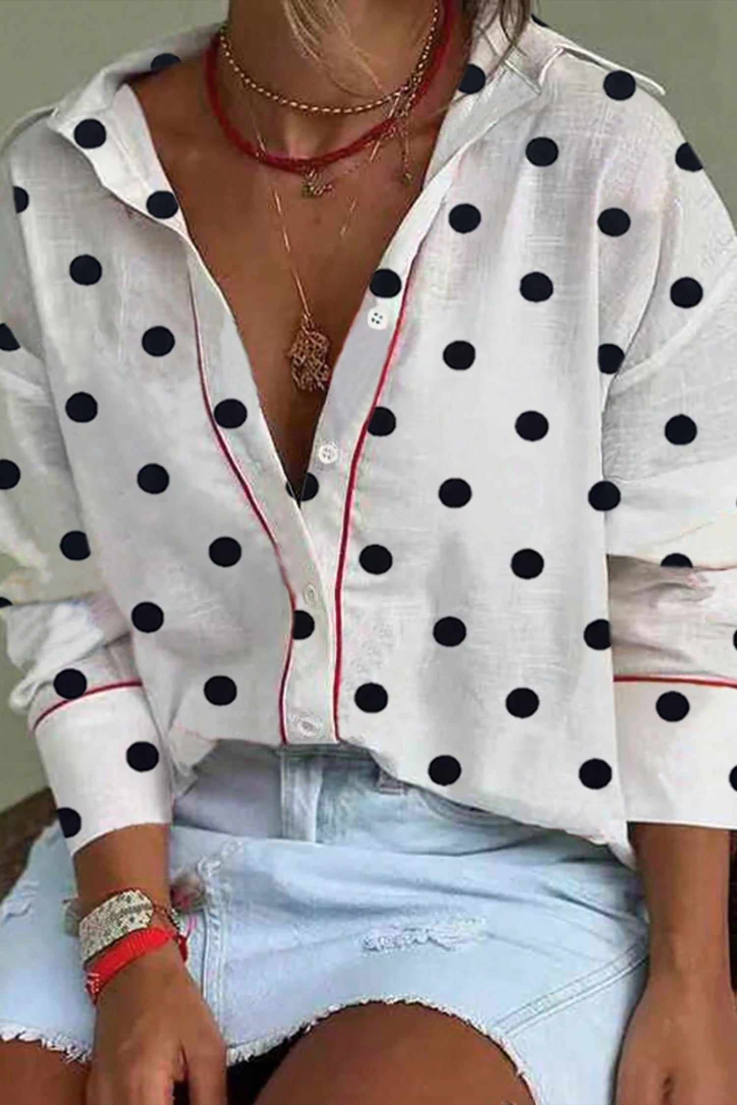 White Polka Dot Print Contrast Piping Elegant Shirt-Tops/Blouses & Shirts-[Adult]-[Female]-2022 Online Blue Zone Planet