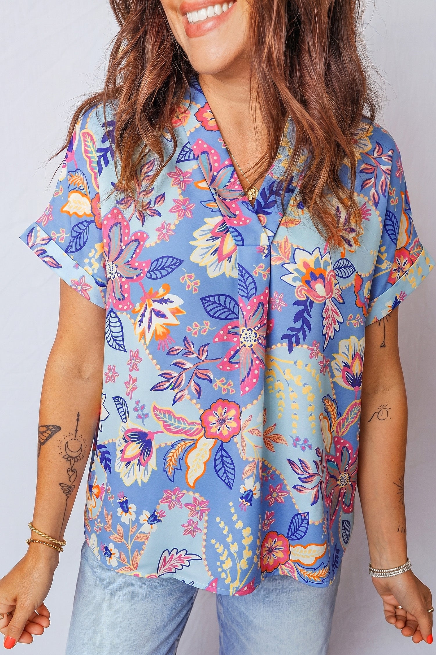 Purple Vacation Floral Print V Neck Short Sleeve Blouse-Tops/Blouses & Shirts-[Adult]-[Female]-2022 Online Blue Zone Planet