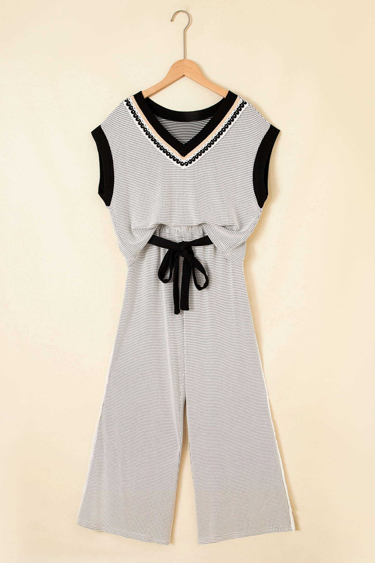 Beige Stylish Knit Lace Colorblock Trim V Neck Tank Drawstring Wide Leg Pants Set-Two Piece Sets/Pant Sets-[Adult]-[Female]-2022 Online Blue Zone Planet