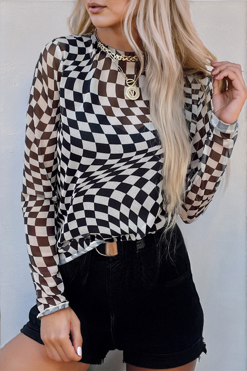 Blue Zone Planet | Rose Checkered Pattern Mesh Mock Neck Long Sleeve Top-Tops/Long Sleeve Tops-[Adult]-[Female]-2022 Online Blue Zone Planet