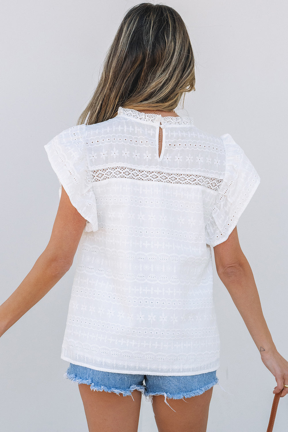 White Lace Neckline Flutter Sleeve Eyelets Blouse-Tops/Blouses & Shirts-[Adult]-[Female]-2022 Online Blue Zone Planet
