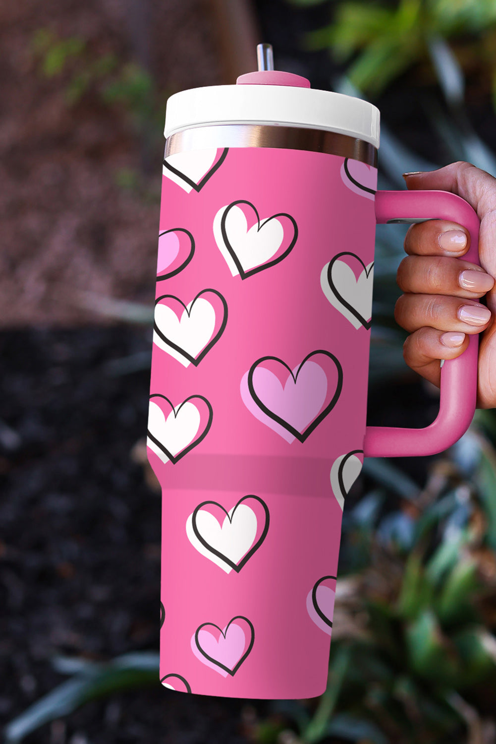 Rose Red Valentines Heart Printed Thermos Cup with Handle 40oz-Accessories/Tumblers-[Adult]-[Female]-2022 Online Blue Zone Planet