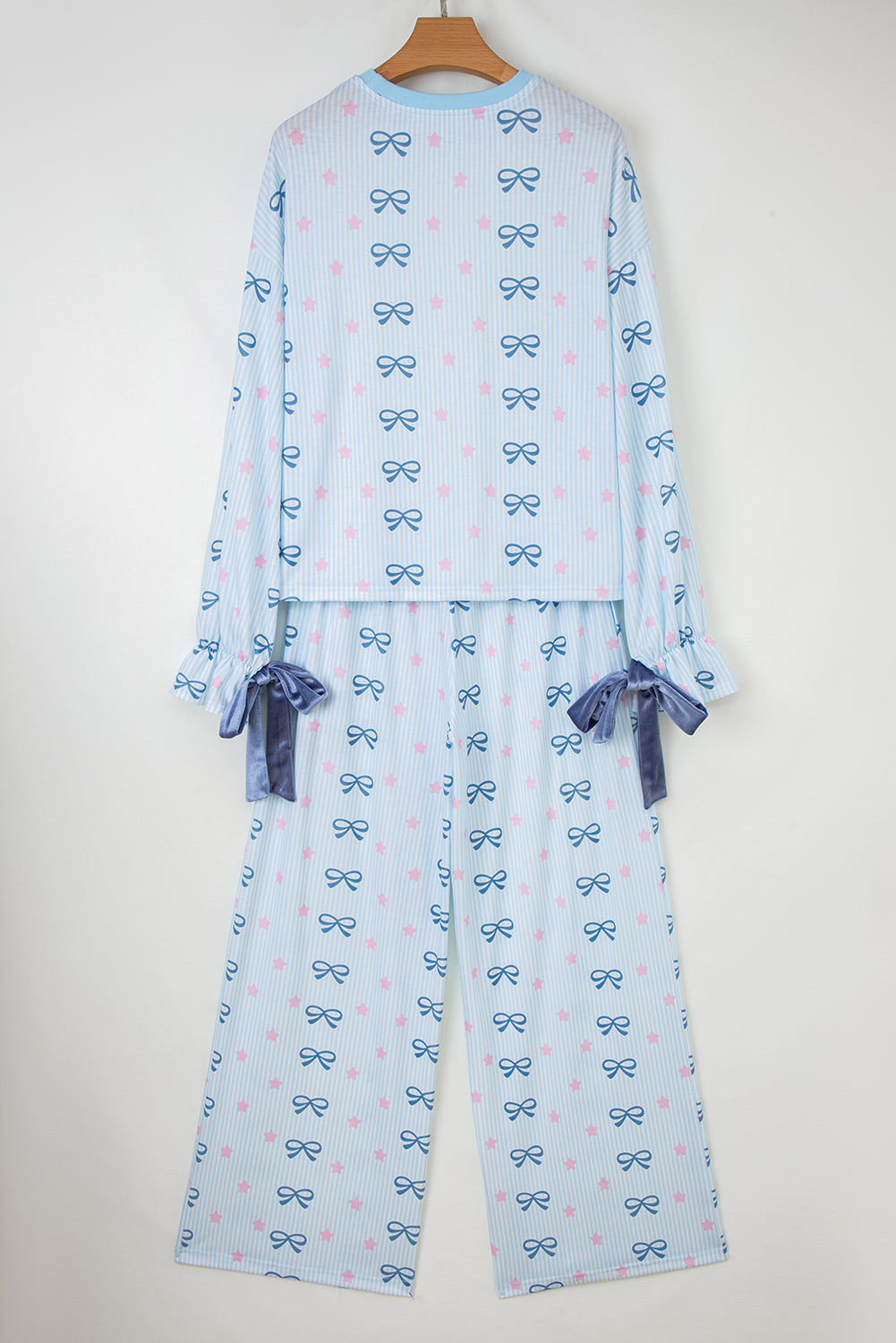 Sky Blue Stripe Bow Star Print Tied Detail 2pcs Lounge Set-Loungewear & Sleepwear/Loungewear-[Adult]-[Female]-2022 Online Blue Zone Planet