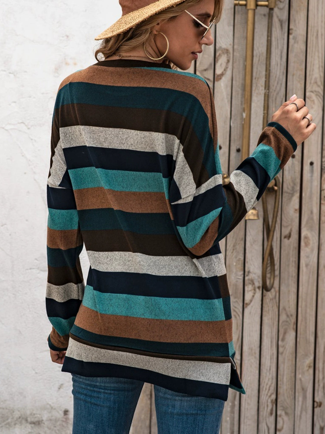 Full Size Striped Round Neck Long Sleeve T-Shirt Plus Size-TOPS / DRESSES-[Adult]-[Female]-2022 Online Blue Zone Planet