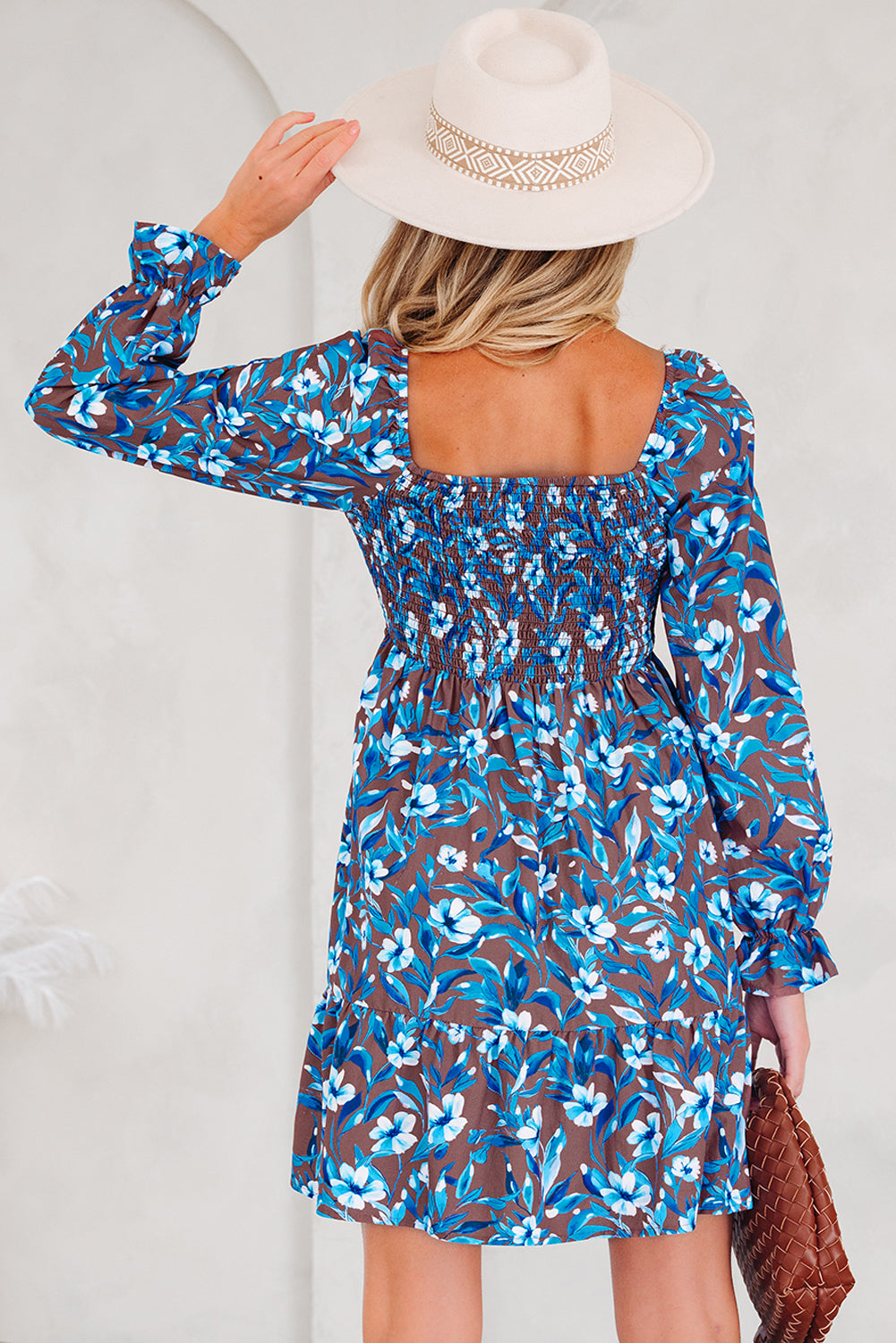 Blue Smocked Bodice High Waist Ruffled Sleeve Floral Dress-TOPS / DRESSES-[Adult]-[Female]-2022 Online Blue Zone Planet