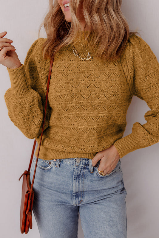 Jurassic Gold Hollow Out Crochet Ribbed Edge Balloon Sleeve Sweater-TOPS / DRESSES-[Adult]-[Female]-2022 Online Blue Zone Planet