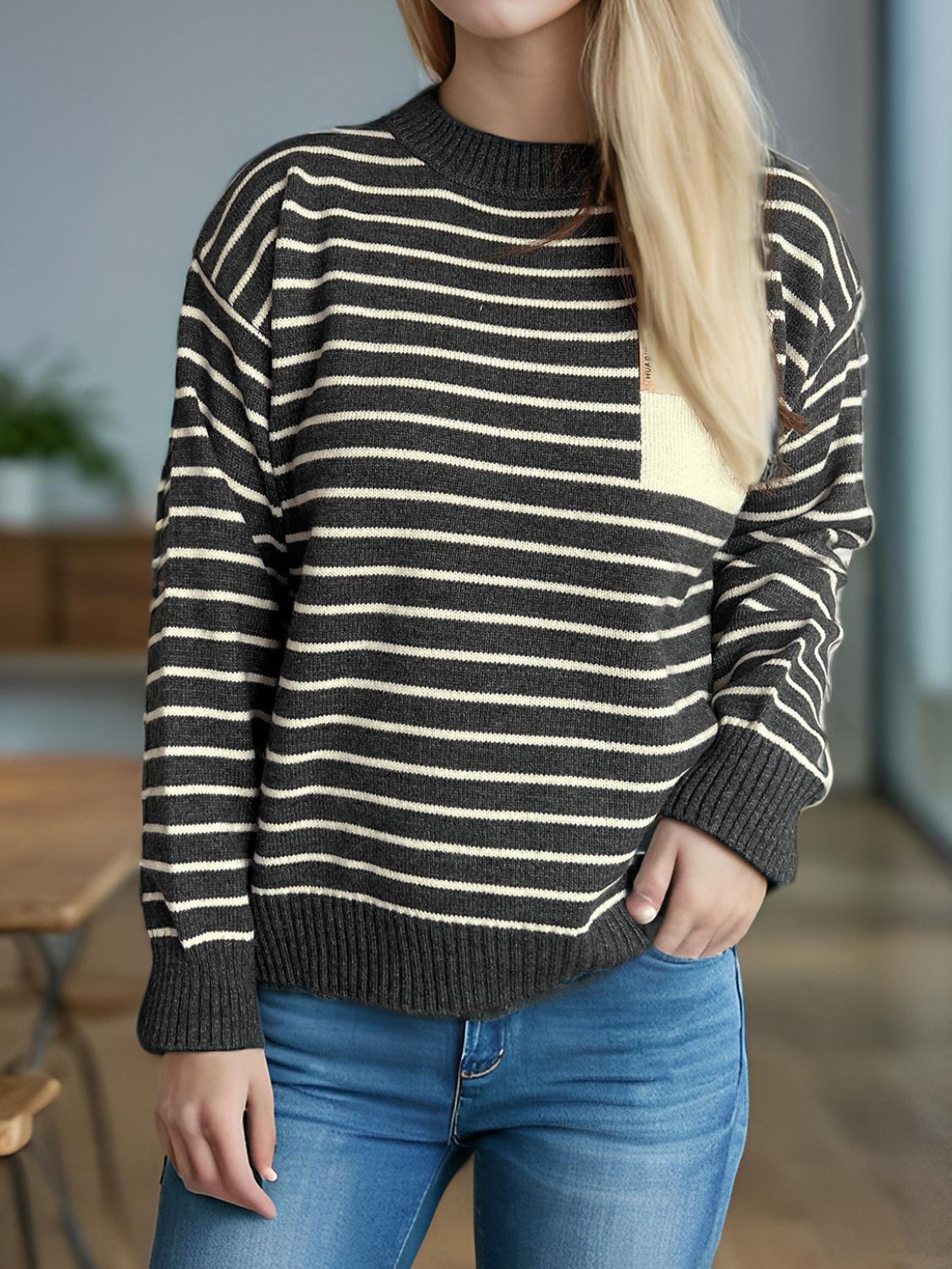 Blue Zone Planet | Striped Mock Neck Long Sleeve Sweater-TOPS / DRESSES-[Adult]-[Female]-Dark Gray-One Size-2022 Online Blue Zone Planet