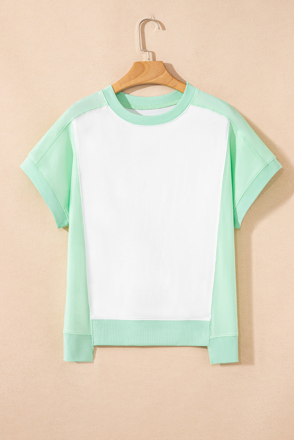 Light Green Colorblock Exposed Seam Patchwork Crew Neck T Shirt-T Shirts-[Adult]-[Female]-2022 Online Blue Zone Planet