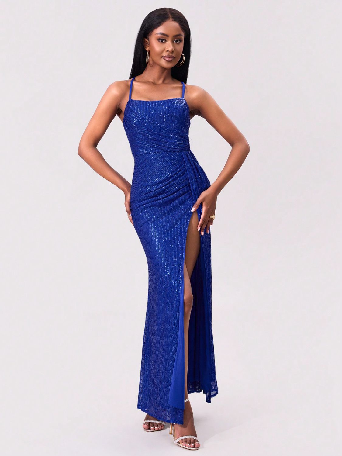 Slit Sequin Square Neck Spaghetti Strap Dress-TOPS / DRESSES-[Adult]-[Female]-Royal Blue-S-2022 Online Blue Zone Planet