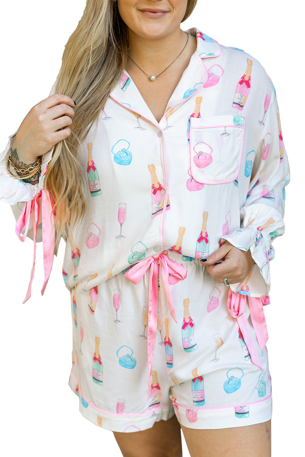 White Wine Glass Print Ribbon Bow Decor Plus Size Pajama Set-Plus Size Matching Sets-[Adult]-[Female]-2022 Online Blue Zone Planet