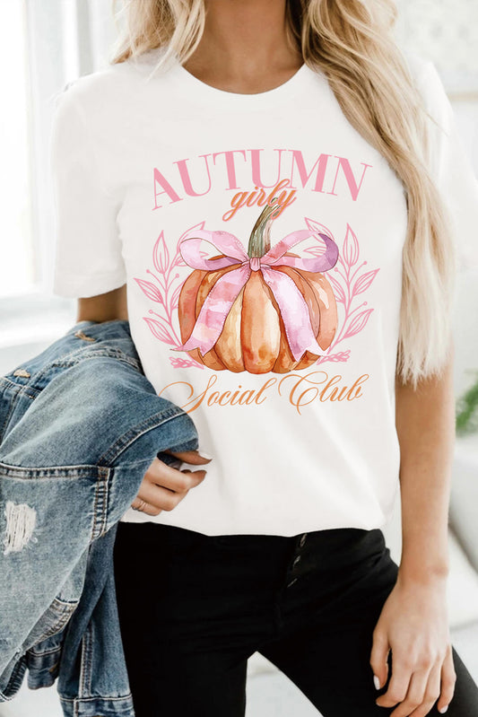 White Autumn Girly Thanksgiving Bowknot Pumpkin Graphic T Shirt-Graphic/Graphic Tees-[Adult]-[Female]-White-S-2022 Online Blue Zone Planet