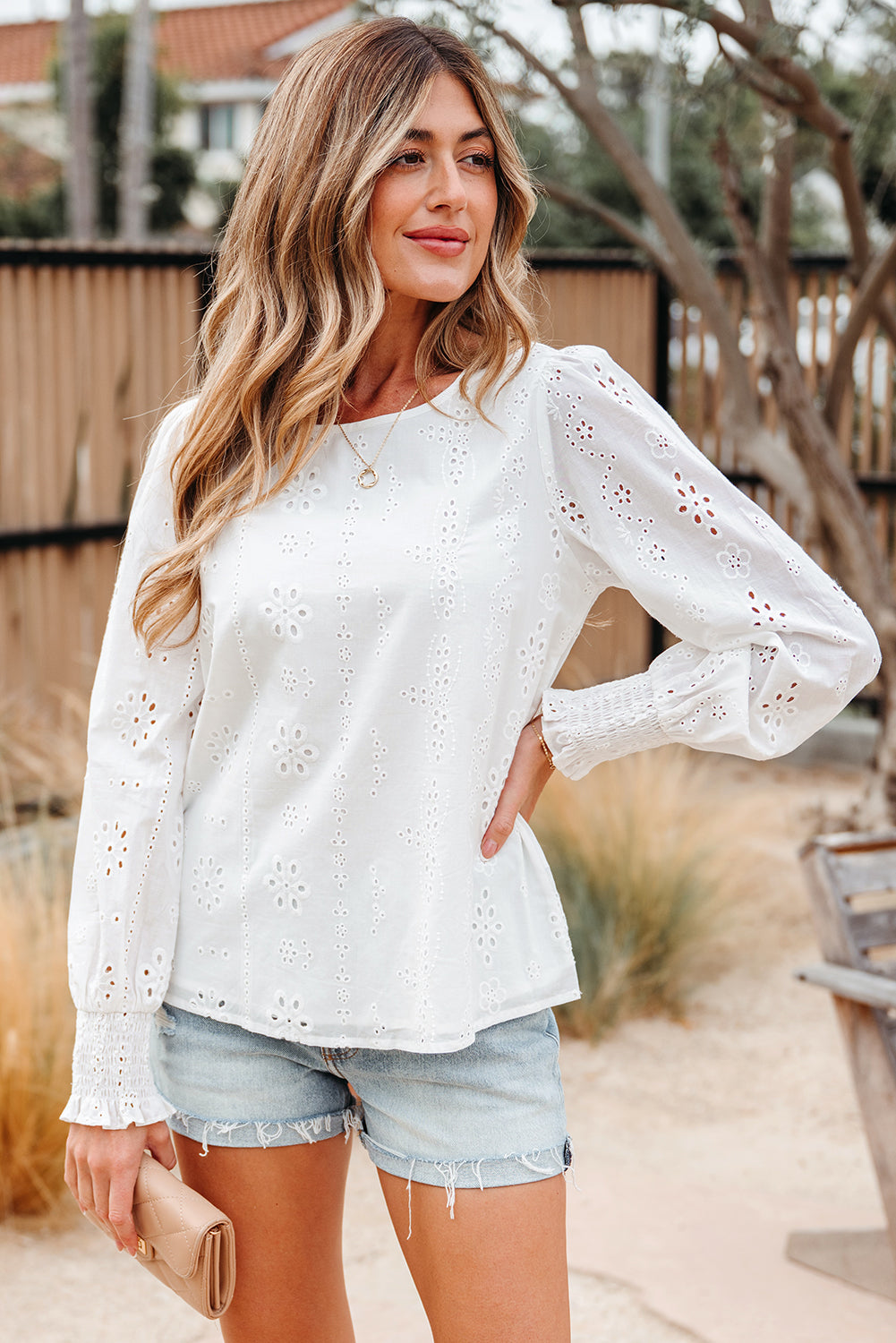 White Eyelet Embroidered Smocked Cuff Sheer Blouse-Tops/Blouses & Shirts-[Adult]-[Female]-2022 Online Blue Zone Planet