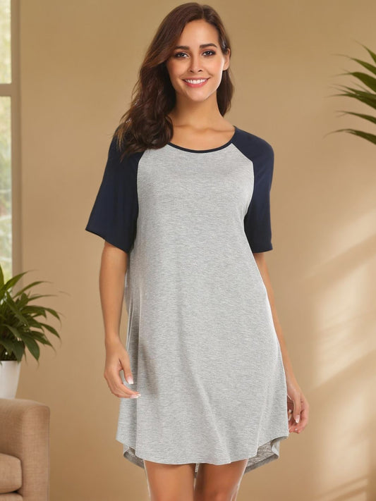 Round Neck Short Sleeve Contrast Lounge Dress-TOPS / DRESSES-[Adult]-[Female]-Light Gray-S-2022 Online Blue Zone Planet