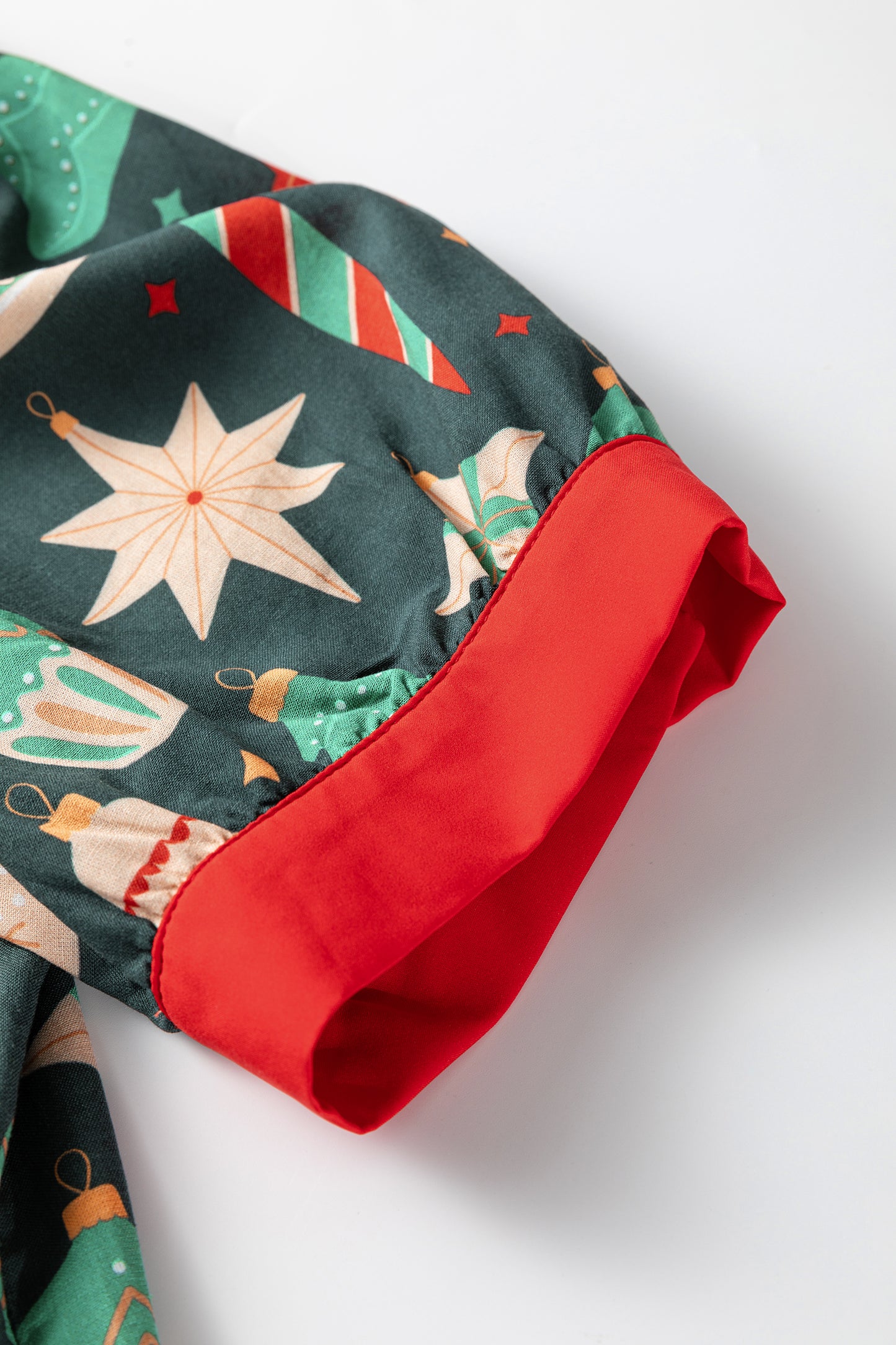 Green Christmas Fashion Print Contrast Trim Frilled Neck Short Sleeve Blouse-Tops/Blouses & Shirts-[Adult]-[Female]-2022 Online Blue Zone Planet