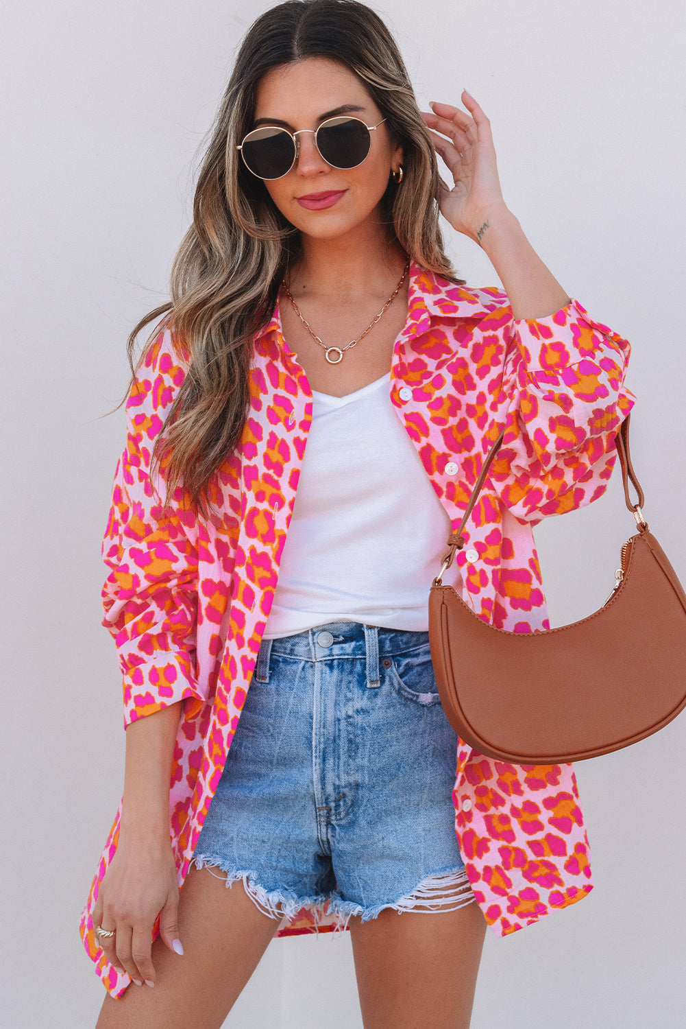 Blue Zone Planet | Rose Leopard Printed Button Up Loose Shirt-Tops/Blouses & Shirts-[Adult]-[Female]-2022 Online Blue Zone Planet