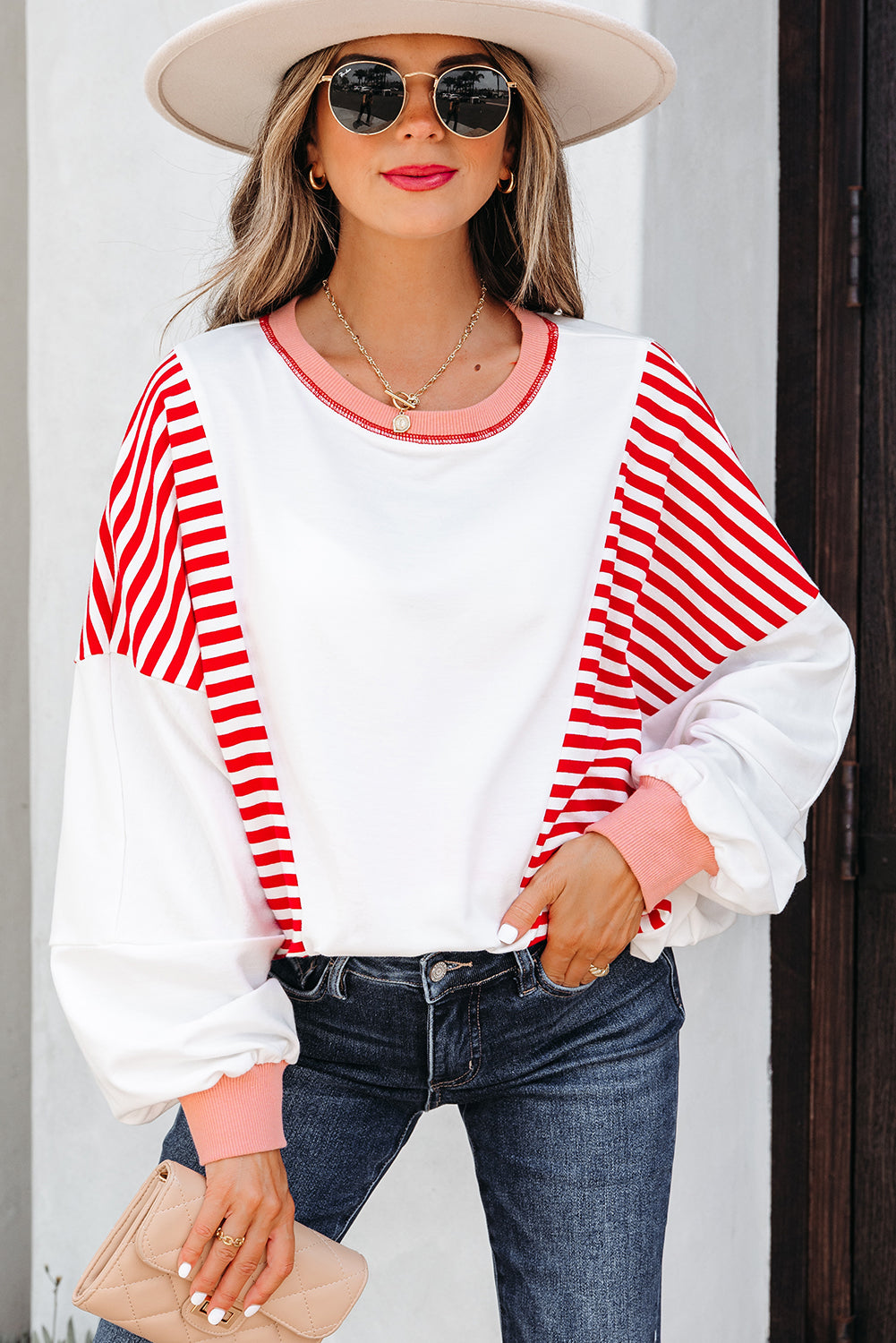 Red Stripe Colorblock Patchwork Contrast Stitching Oversize Sweatshirt-Tops/Sweatshirts & Hoodies-[Adult]-[Female]-2022 Online Blue Zone Planet