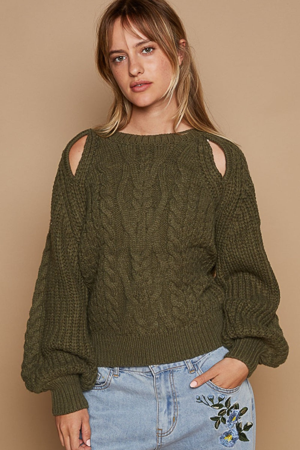 POL Cable Knit Cutout Long Sleeve Sweater-TOPS / DRESSES-[Adult]-[Female]-2022 Online Blue Zone Planet