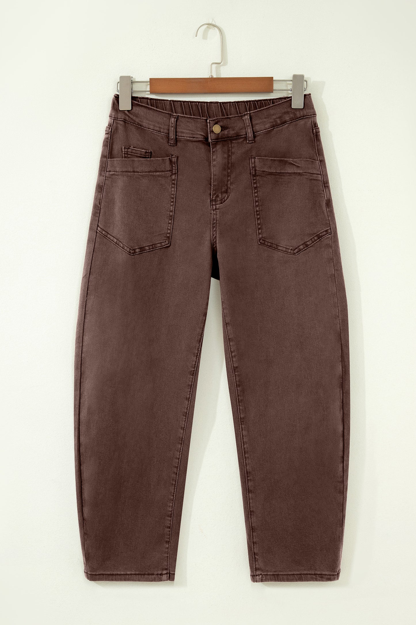 Coffee Solid Color Square Patch Pocket Ankle-length Barrel Jeans-Bottoms/Jeans-[Adult]-[Female]-2022 Online Blue Zone Planet