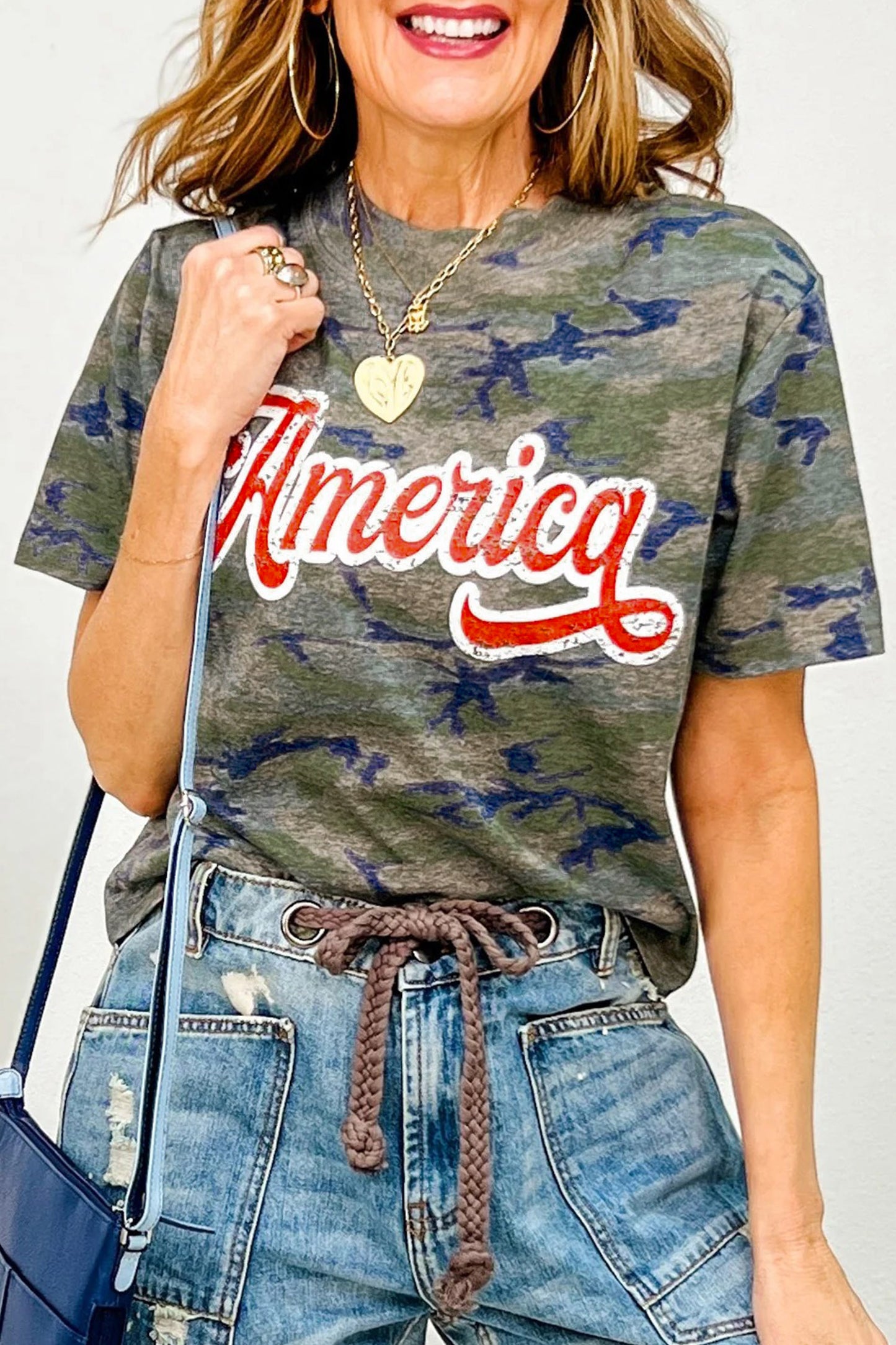 Multicolour Stylish Camouflage Print America Patriotic Tee-Tops/Tops & Tees-[Adult]-[Female]-2022 Online Blue Zone Planet