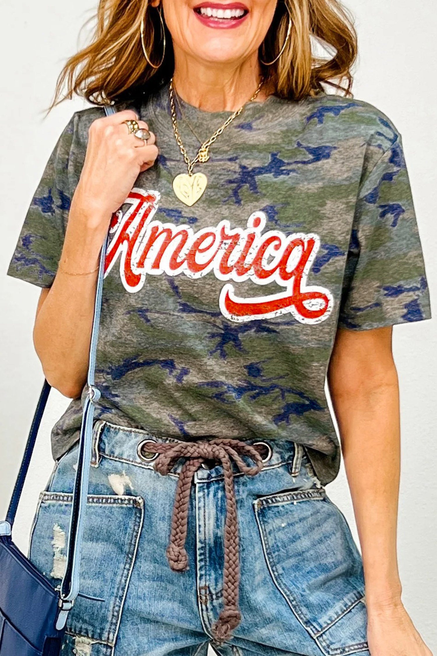 Multicolour Stylish Camouflage Print America Patriotic Tee-Tops/Tops & Tees-[Adult]-[Female]-2022 Online Blue Zone Planet